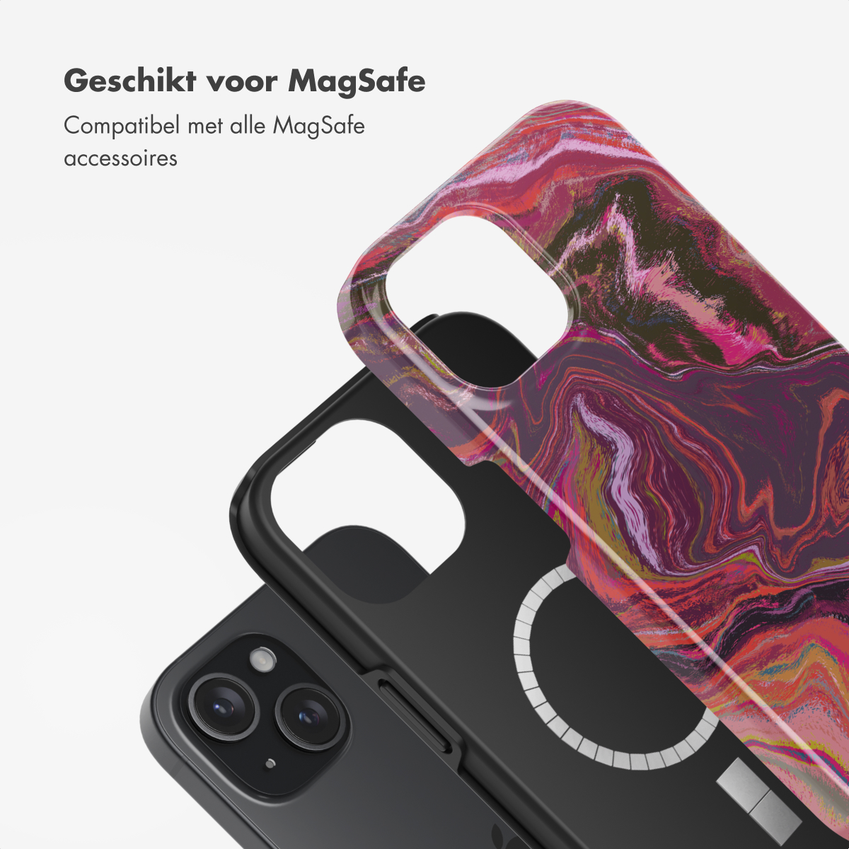 Telefoonhoesjes met een marmerontwerp, in rood, paars en zwart. Witte achtergrond. MagSafe compatibel.