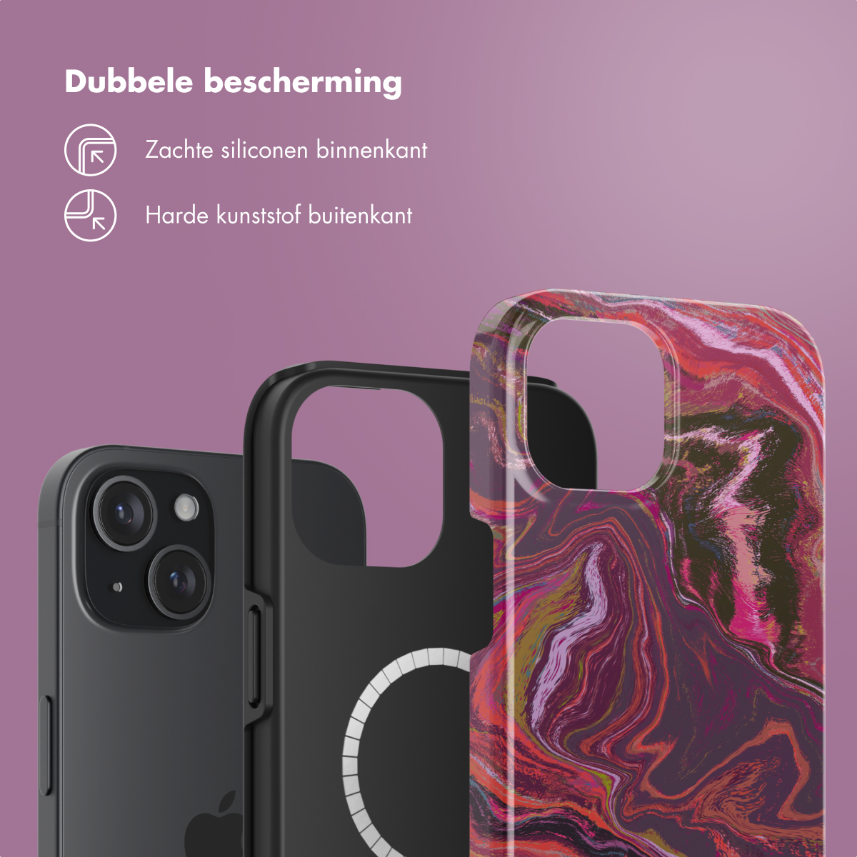 Drie telefoonhoesjes met verschillende ontwerpen. Tekst: Dubbele bescherming: zachte siliconen binnenkant, hard plastic buitenkant.