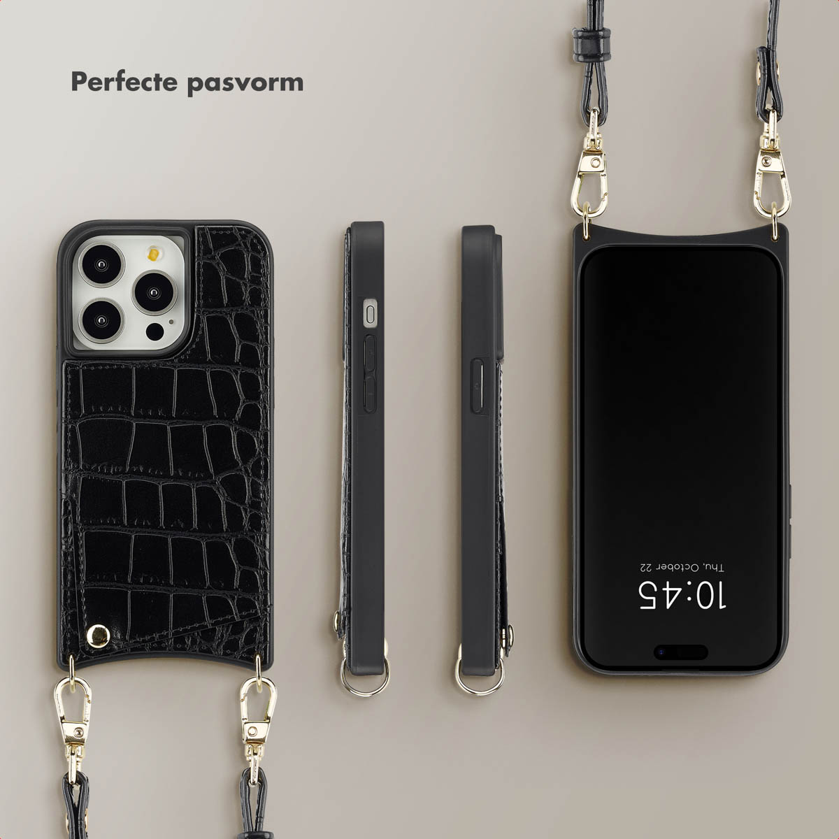 Étuis de téléphone noirs avec texture crocodile, téléphone noir et lanières en cuir avec fermoirs dorés. Un téléphone affiche 10:45.