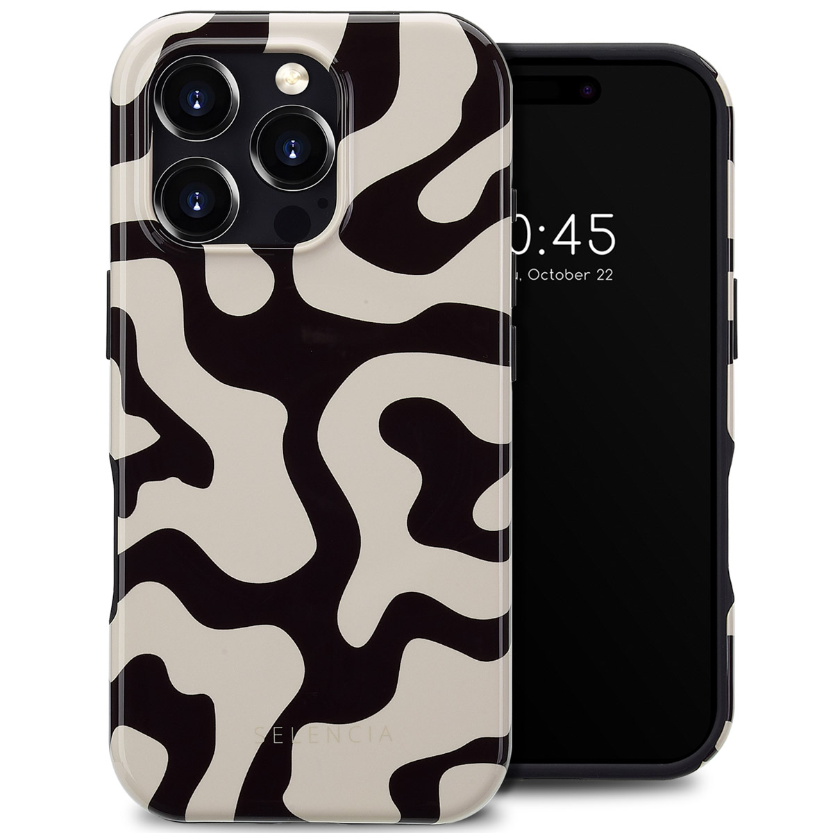 Telefoon met een patroonhoes. De hoes heeft een beige en zwart wervelontwerp.