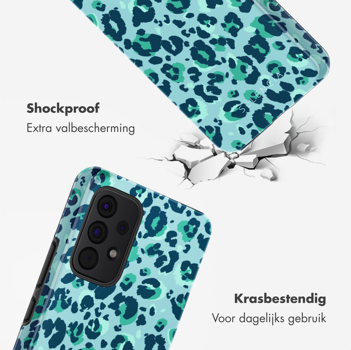 Custodia per telefono con stampa leopardata blu, incrinata. Il testo dice 'Antishock' e 'Resistente ai graffi'.