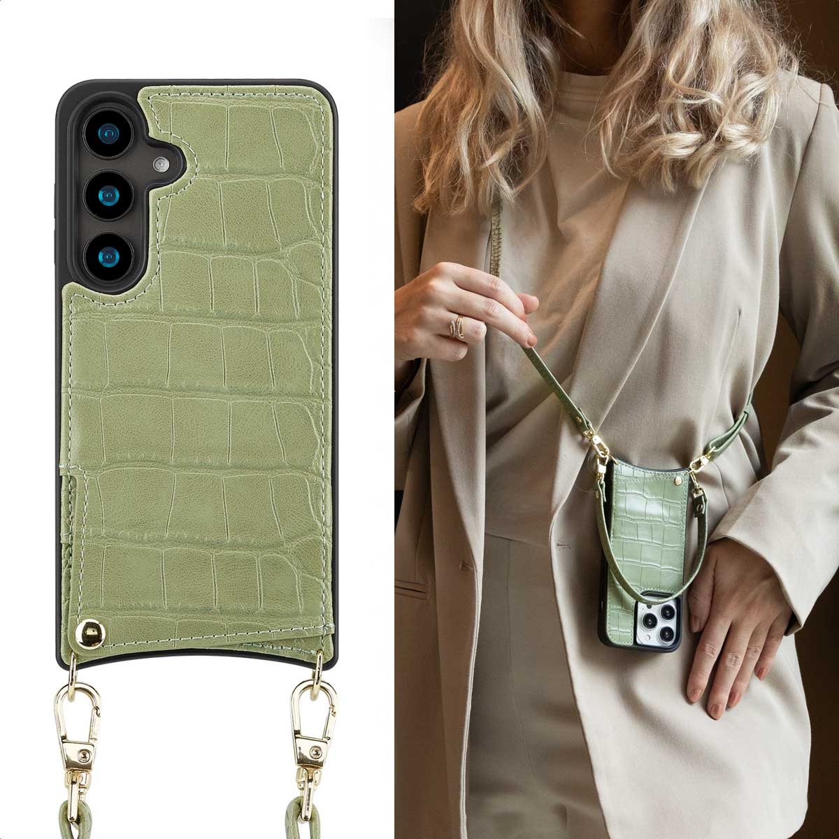 SELENCIA Nova Croco Backcover met koord en pashouder - Geschikt voor Samsung Galaxy S24 - Telefoonhoesje voor Samsung Samsung Galaxy S24 Groen