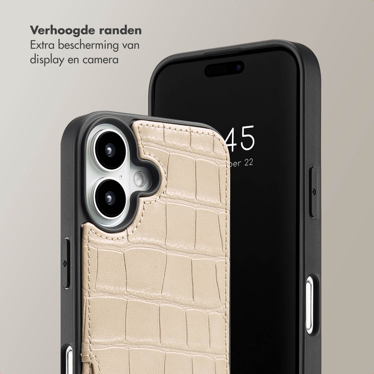 SELENCIA Nova Croco Backcover met koord en pashouder - Geschikt voor Apple iPhone 16 - Telefoonhoesje voor Apple iPhone 16 Beige