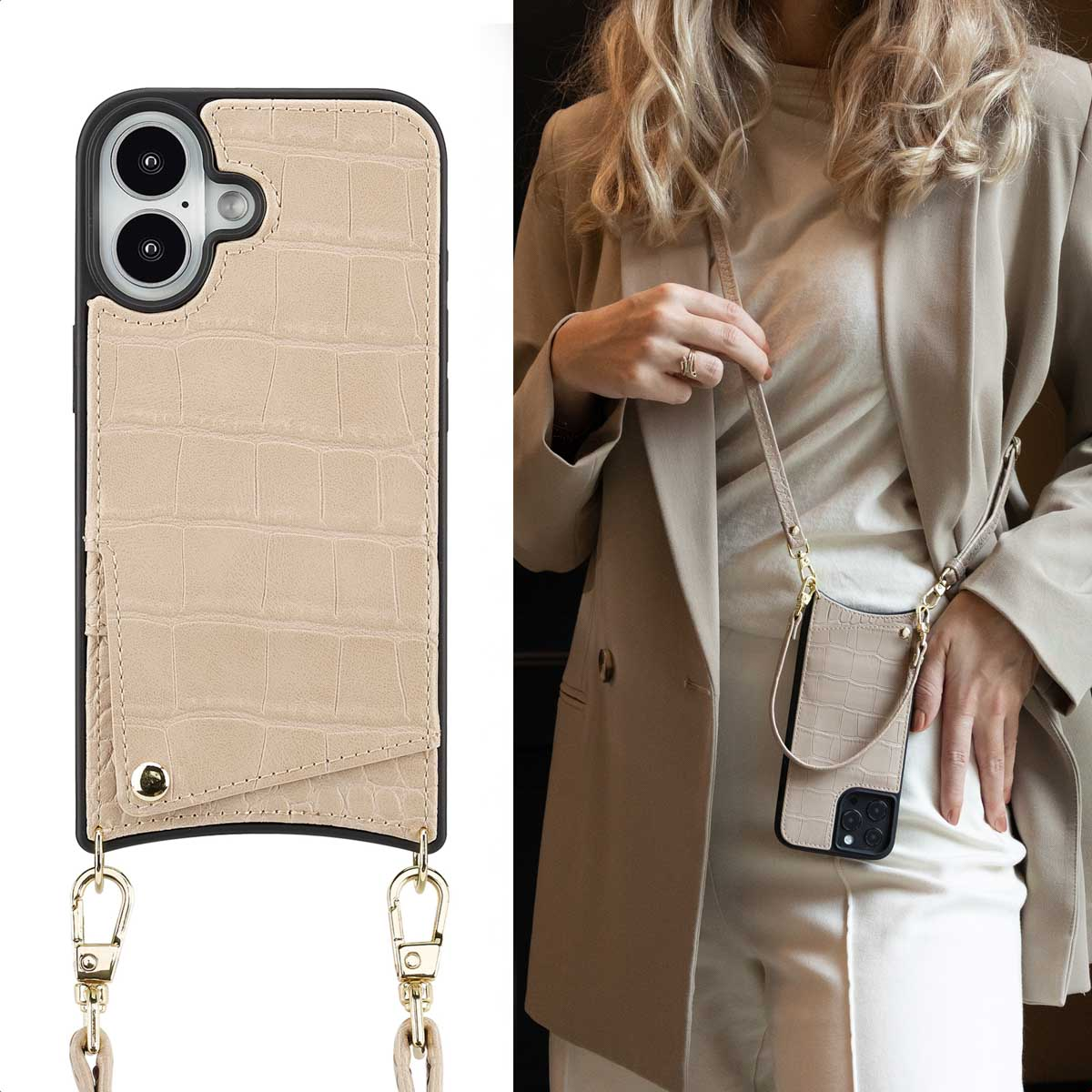SELENCIA Nova Croco Backcover met koord en pashouder - Geschikt voor Apple iPhone 16 - Telefoonhoesje voor Apple iPhone 16 Beige