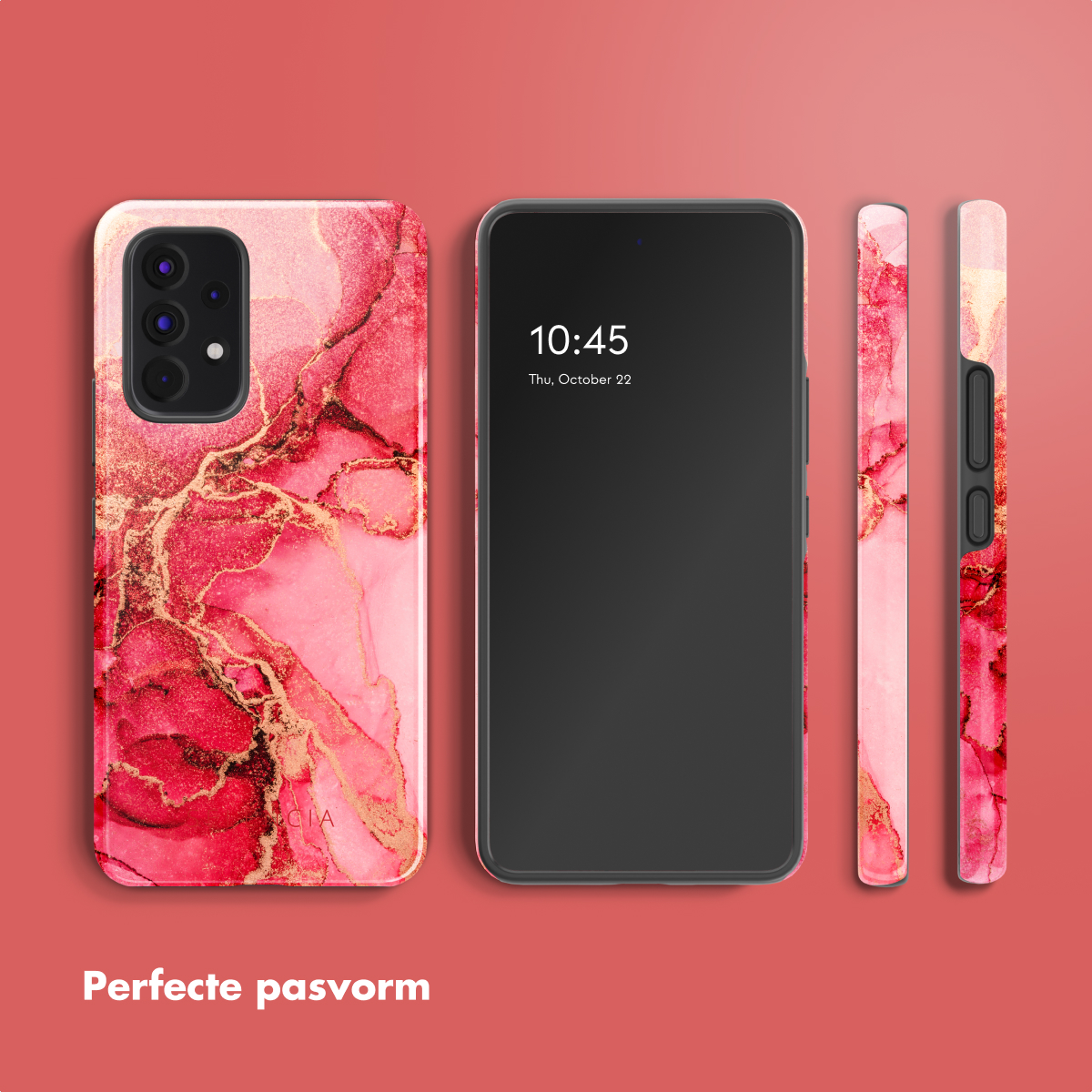 Custodia per telefono con un design a marmo rosa e oro, accanto a un telefono nero che mostra l'ora.