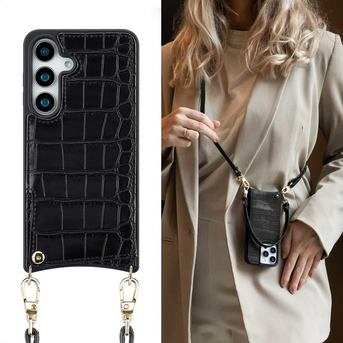Une femme porte un étui de téléphone noir avec une chaîne, et un autre étui est montré à gauche.