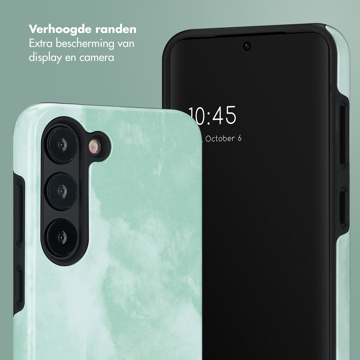 Due telefoni in custodie, uno verde menta, uno nero, con la data 10:45 e 6 ottobre visualizzata.