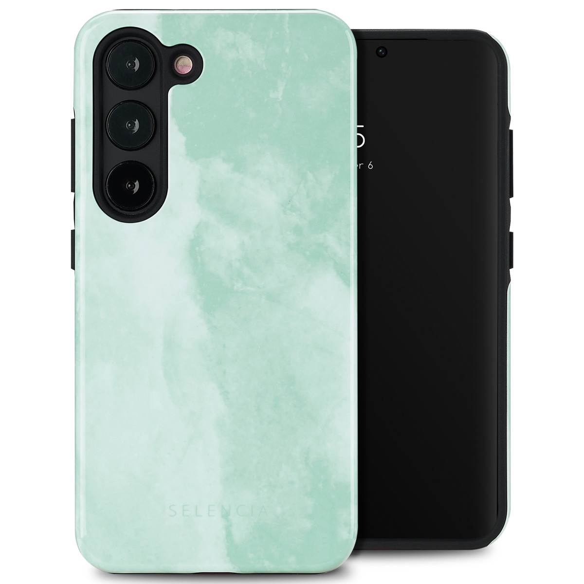 Custodia per telefono verde menta con design marmorizzato, con un telefono nero che mostra l'ora.