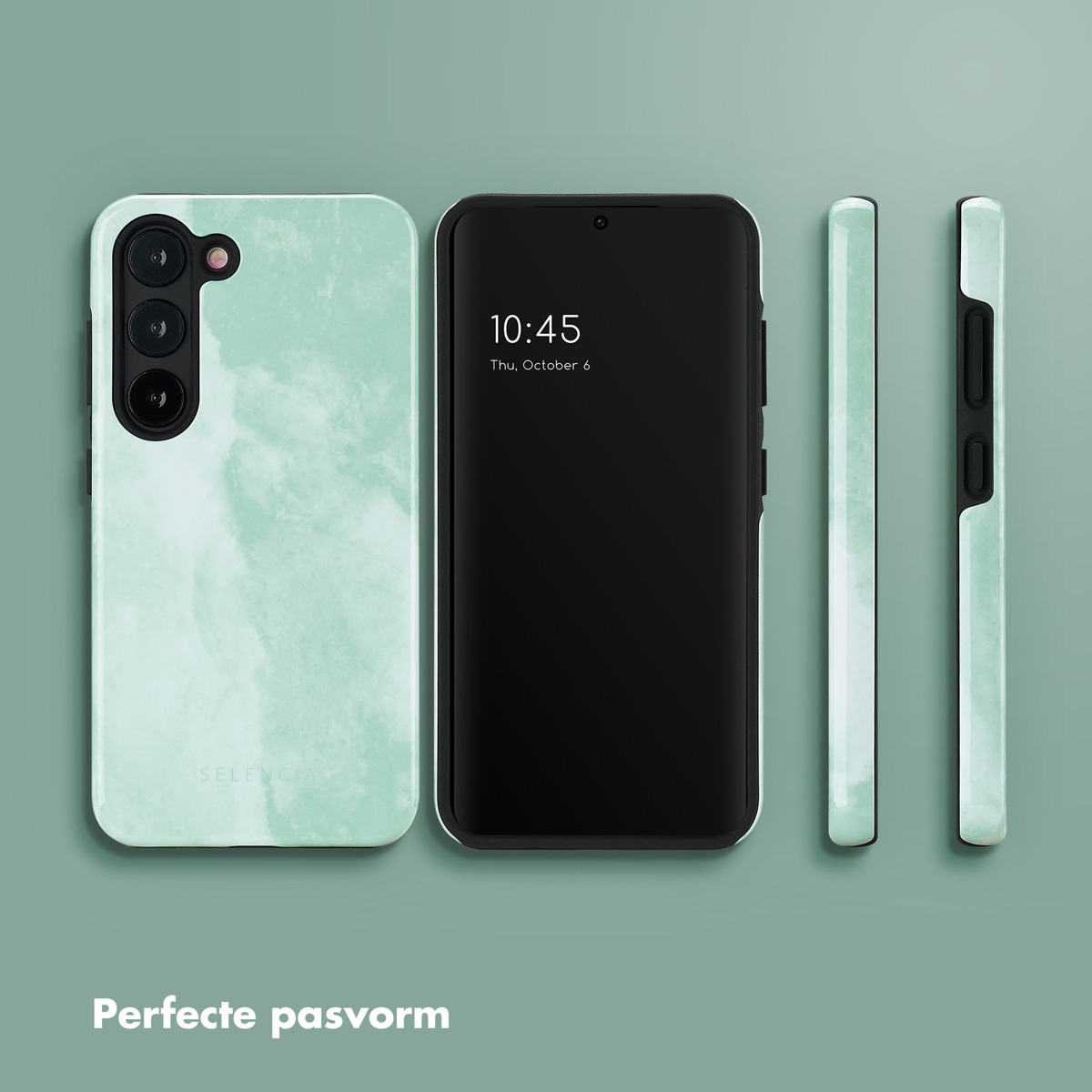 Tre custodie per telefono: una sul telefono e due separate. Motivo a marmo verde. Sfondo verde.