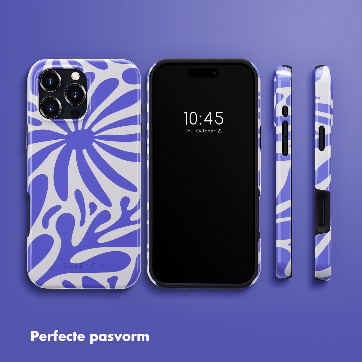 Une coque de téléphone avec un motif bleu, avec le téléphone dans la coque. Texte : Ajustement parfait. Le téléphone affiche l'heure, 22 octobre, 10h45.