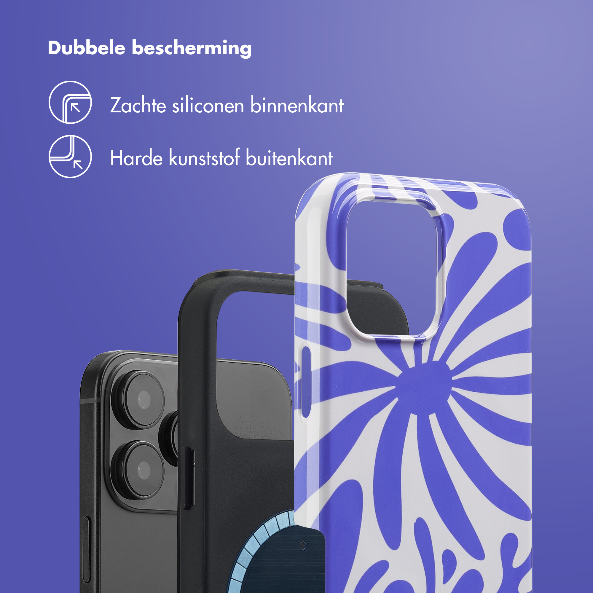 Composants de coque de téléphone. Téléphone noir, coque blanche avec motif floral bleu, texte: 'Dubbele bescherming'.