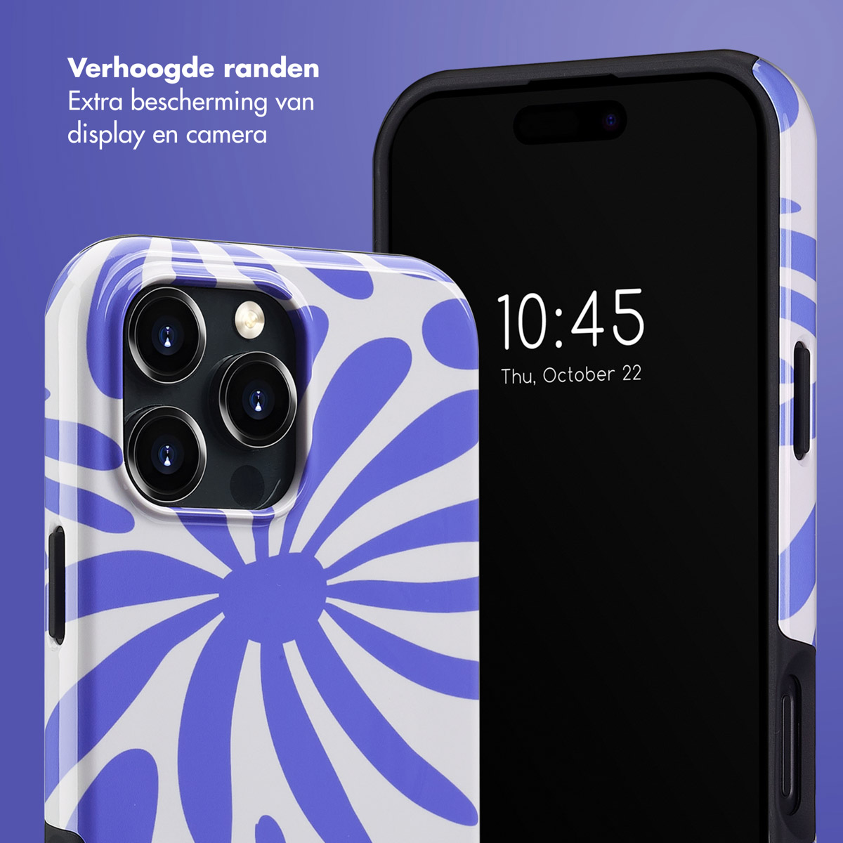 Coque de téléphone à motifs floraux blancs, téléphone noir avec heure, texte: 'Verhoogde randen'.