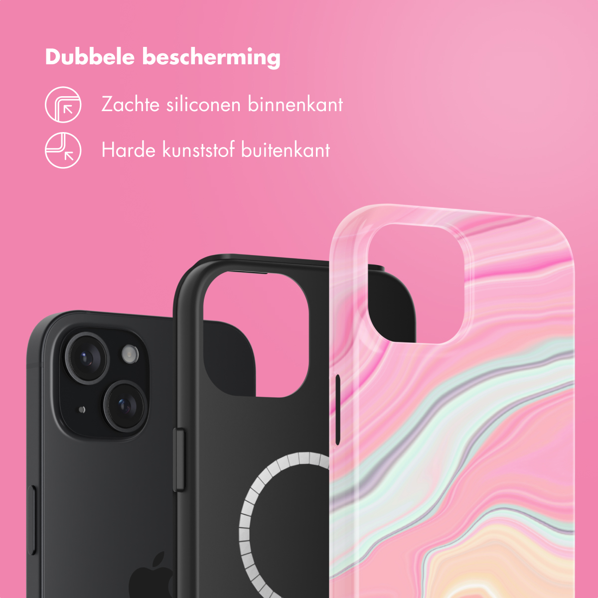 Three phone cases, black, marble, and black. Text 'Dubbele bescherming' and 'Zachte siliconen binnenkant' are visible.