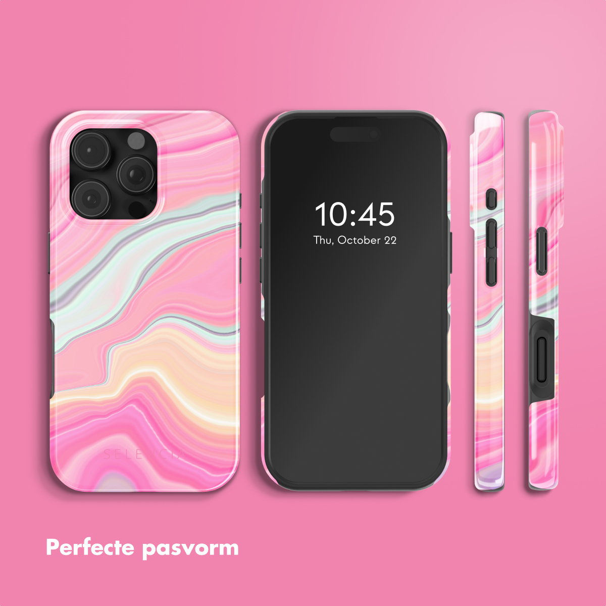 Telefoon met hoesje en zijaanzichten, roze en witte swirlpatroon.