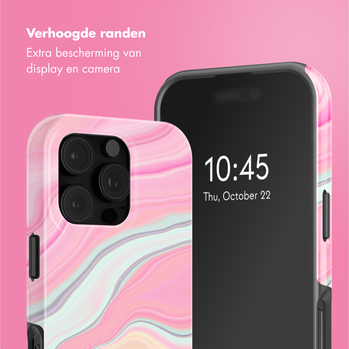 Een telefoon in een marmeren hoes, getoond met de zijkant van de hoes. Tekst 'Verhoogde randen' is zichtbaar. Roze achtergrond.