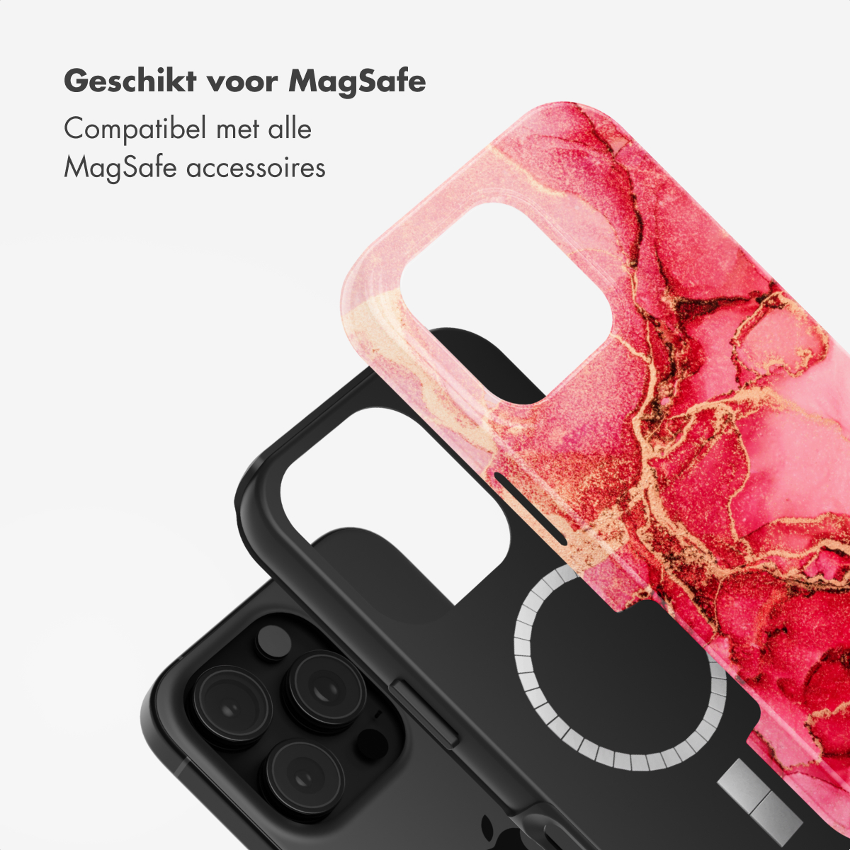 Coque de téléphone avec un design rose et or, avec une coque noire en dessous.
