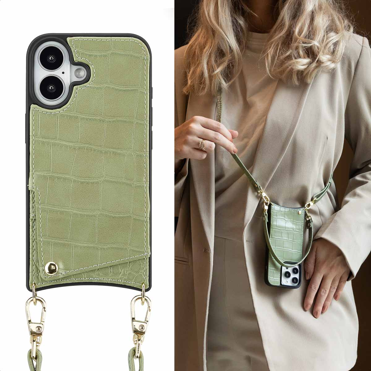 Groene telefoonhoes met krokodillenpatroon, met telefoon erin en een crossbody riem.