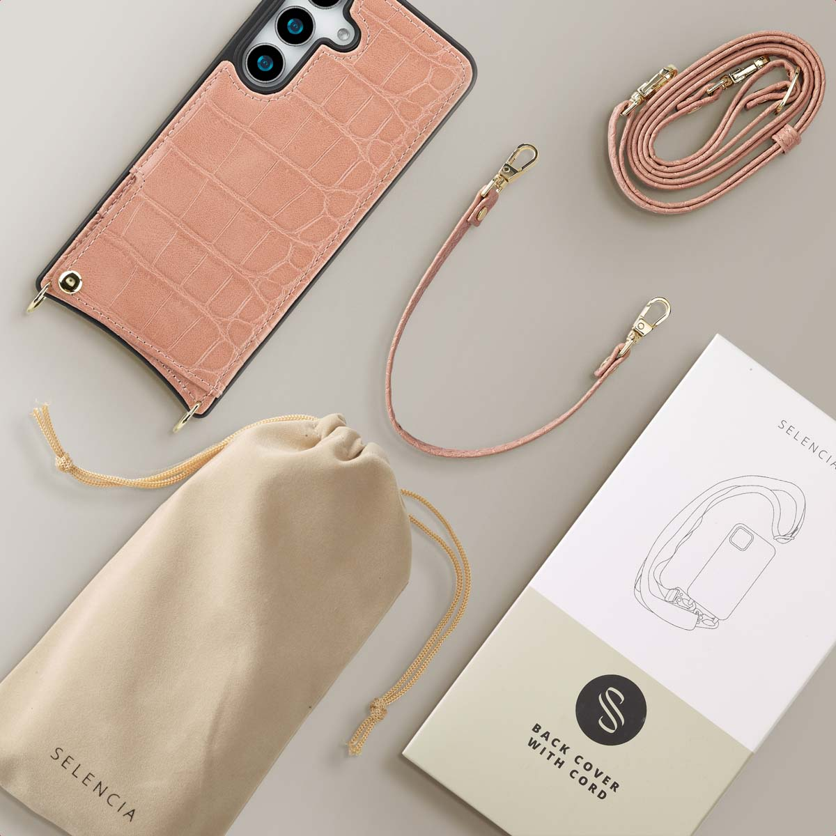 SELENCIA Nova Croco Backcover met koord en pashouder - Geschikt voor Samsung Galaxy S25 - Telefoonhoesje voor Samsung Samsung Galaxy S25 Roze