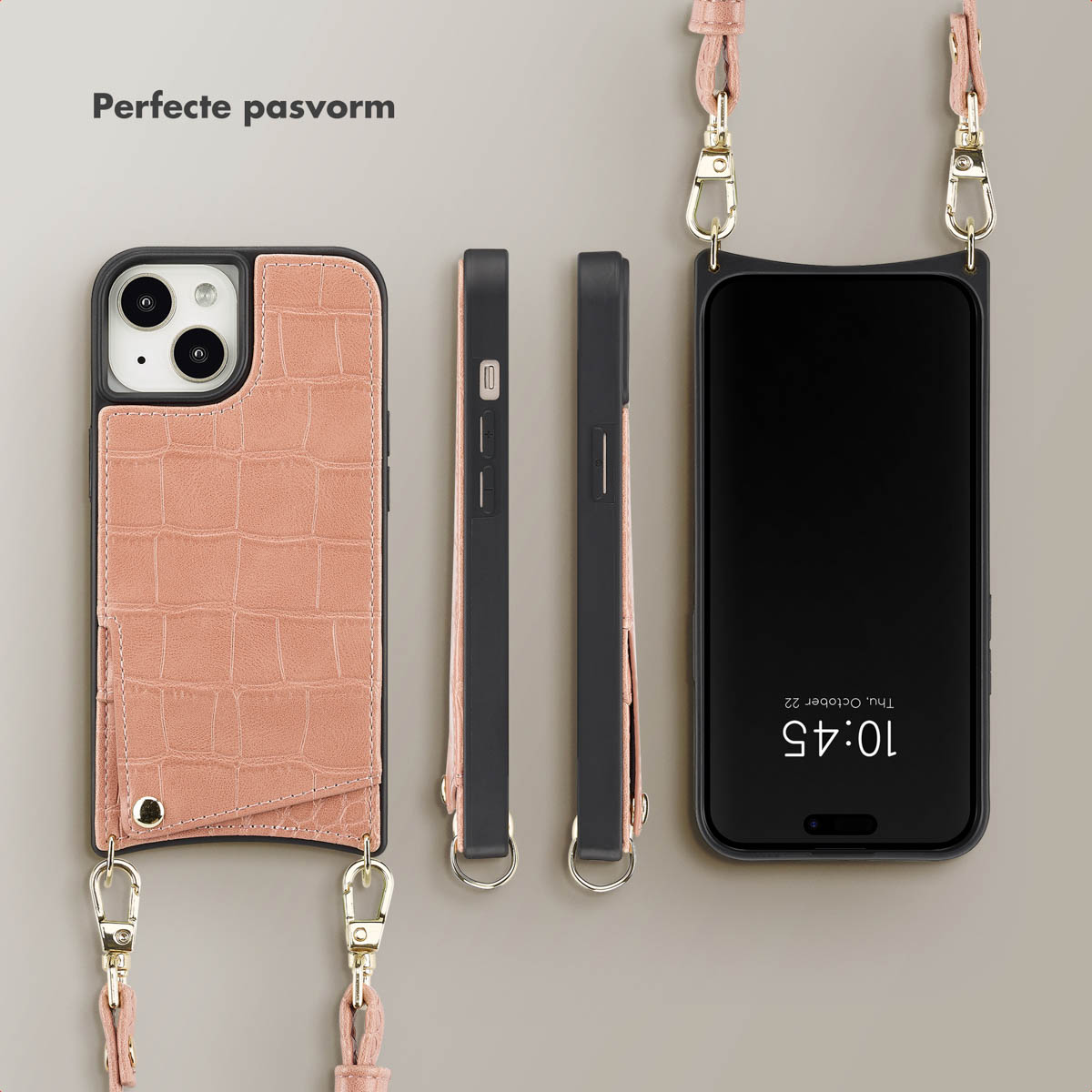 Phone case set with a pink leather case and matching strap, showing the phone in various views.