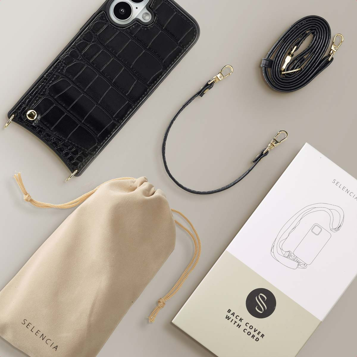 SELENCIA Nova Croco Backcover met koord en pashouder - Geschikt voor Apple iPhone 16 - Telefoonhoesje voor Apple iPhone 16 Zwart