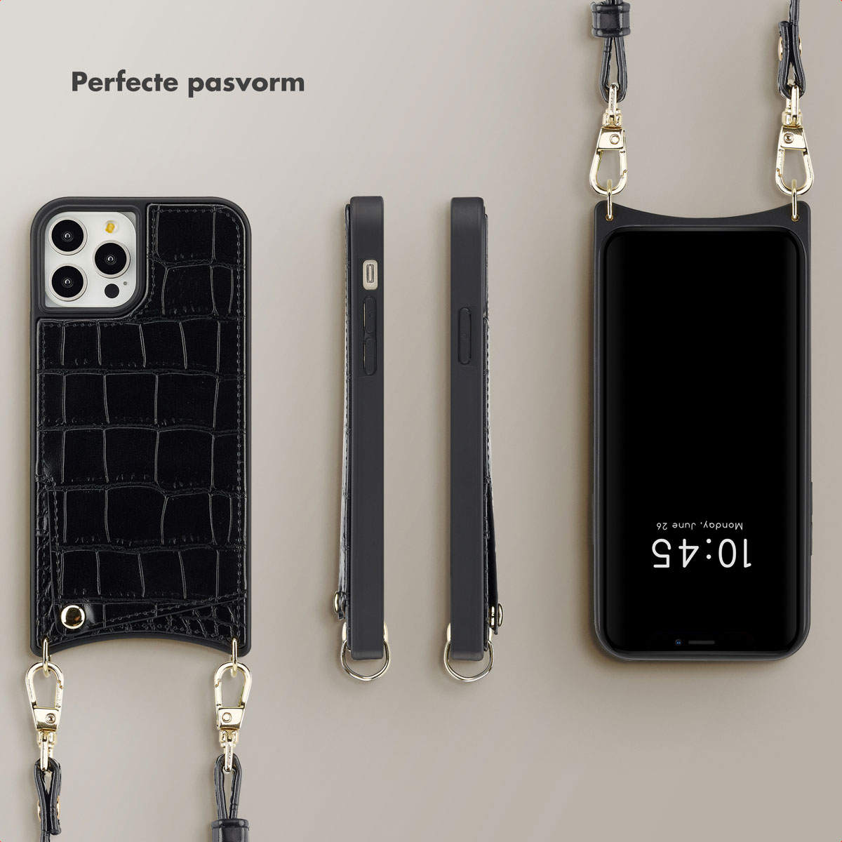 SELENCIA Nova Croco Backcover met koord en pashouder - Geschikt voor Apple iPhone 12 (Pro) - Telefoonhoesje voor Apple iPhone 12/ iPhone 12 Pro Zwart