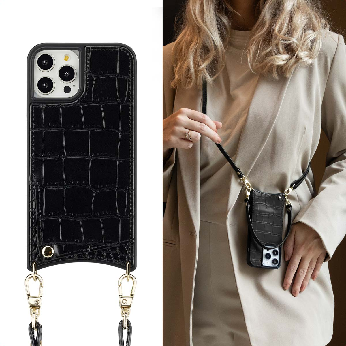 Zwarte leren telefoonhoes met een riem. Heeft gouden haken en hangt aan het lichaam van een vrouw.
