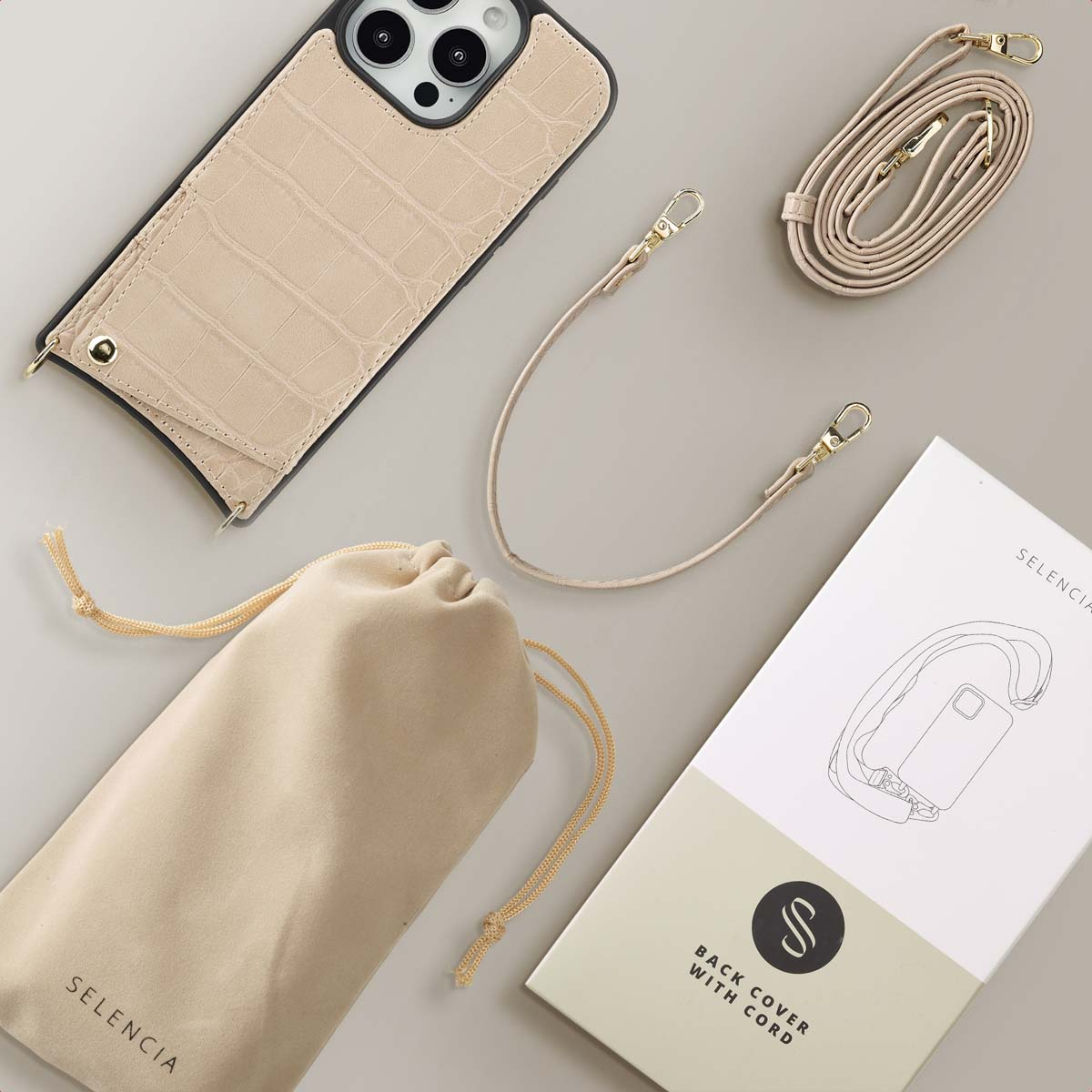 SELENCIA Nova Croco Backcover met koord en pashouder - Geschikt voor Apple iPhone 16 Pro - Telefoonhoesje voor Apple iPhone 16 Pro Beige