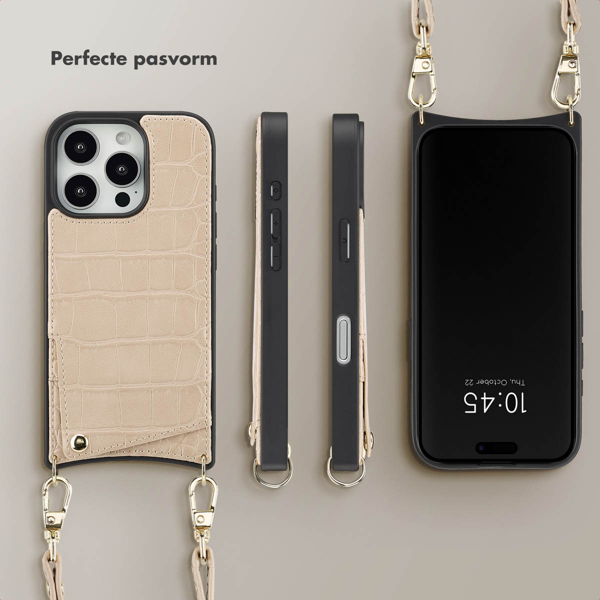 SELENCIA Nova Croco Backcover met koord en pashouder - Geschikt voor Apple iPhone 16 Pro - Telefoonhoesje voor Apple iPhone 16 Pro Beige