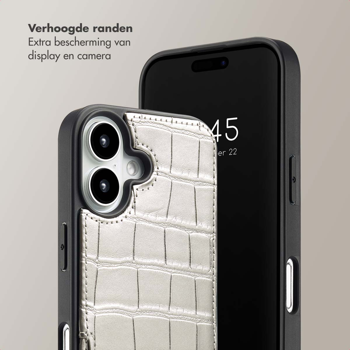 SELENCIA Nova Croco Backcover met koord en pashouder - Geschikt voor Apple iPhone 16 - Telefoonhoesje voor Apple iPhone 16 Zilver