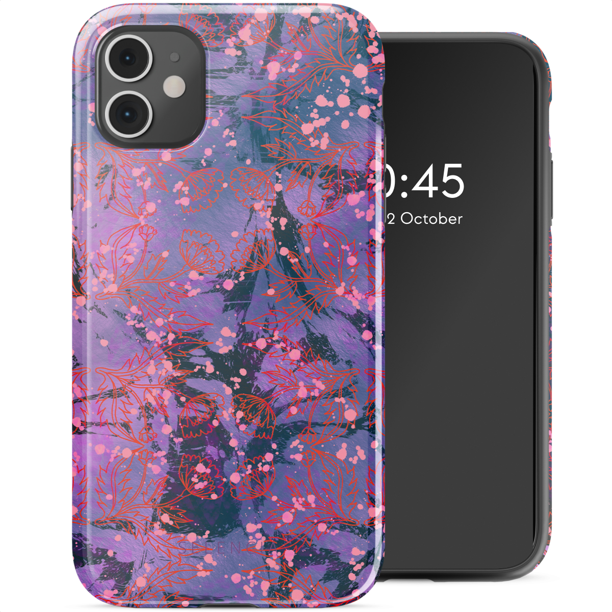 Custodia per telefono viola con design floreale rosa, che mostra lo schermo del telefono con l'ora e la data.