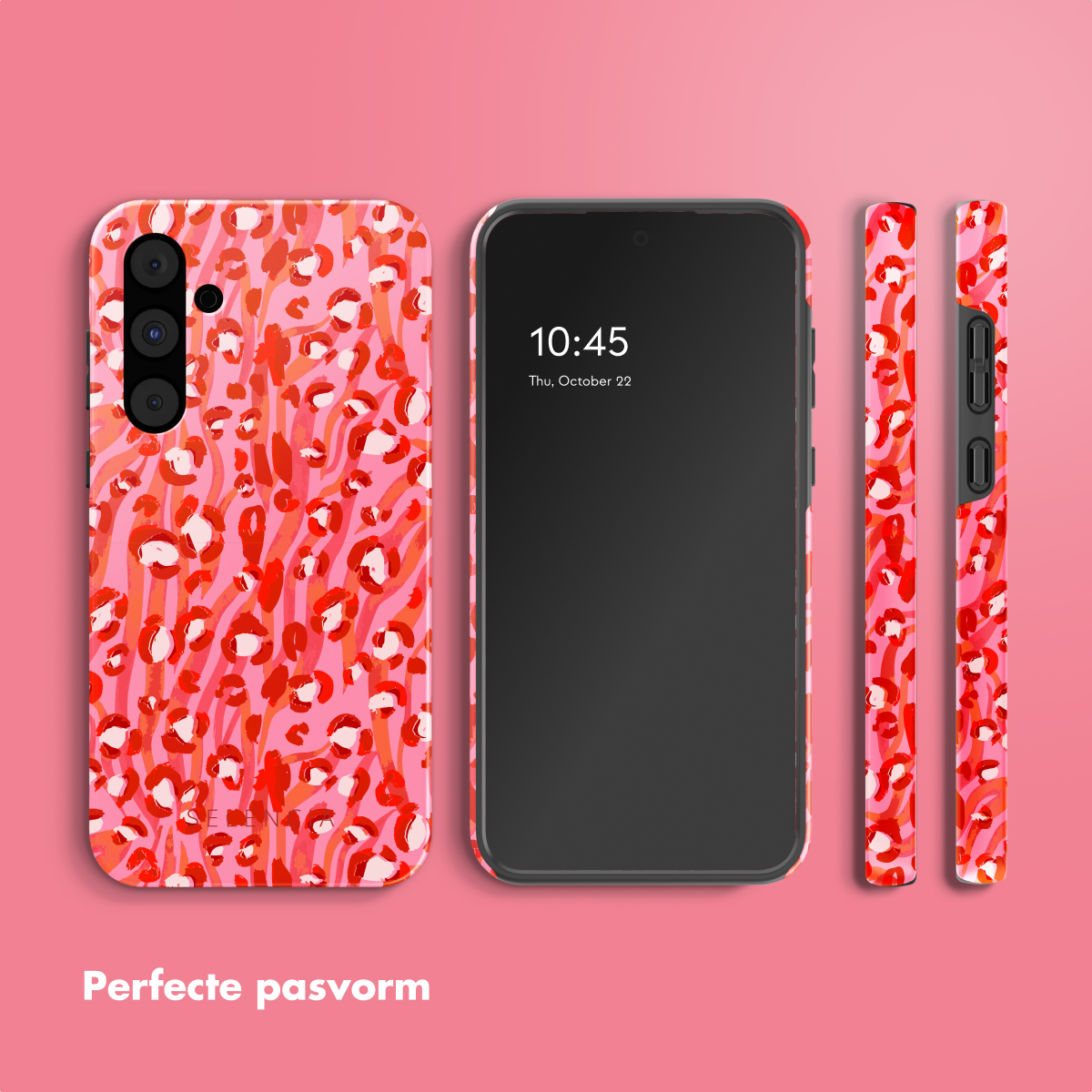 Coque de téléphone rose avec imprimé léopard rouge. Téléphone, côtés du boîtier visibles. Écran noir avec l'heure.