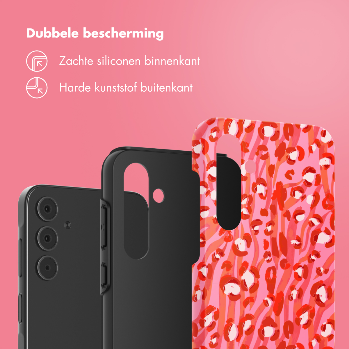 Coque de téléphone avec imprimé léopard rouge. Téléphone noir, coque et dos visibles. Fond rose.