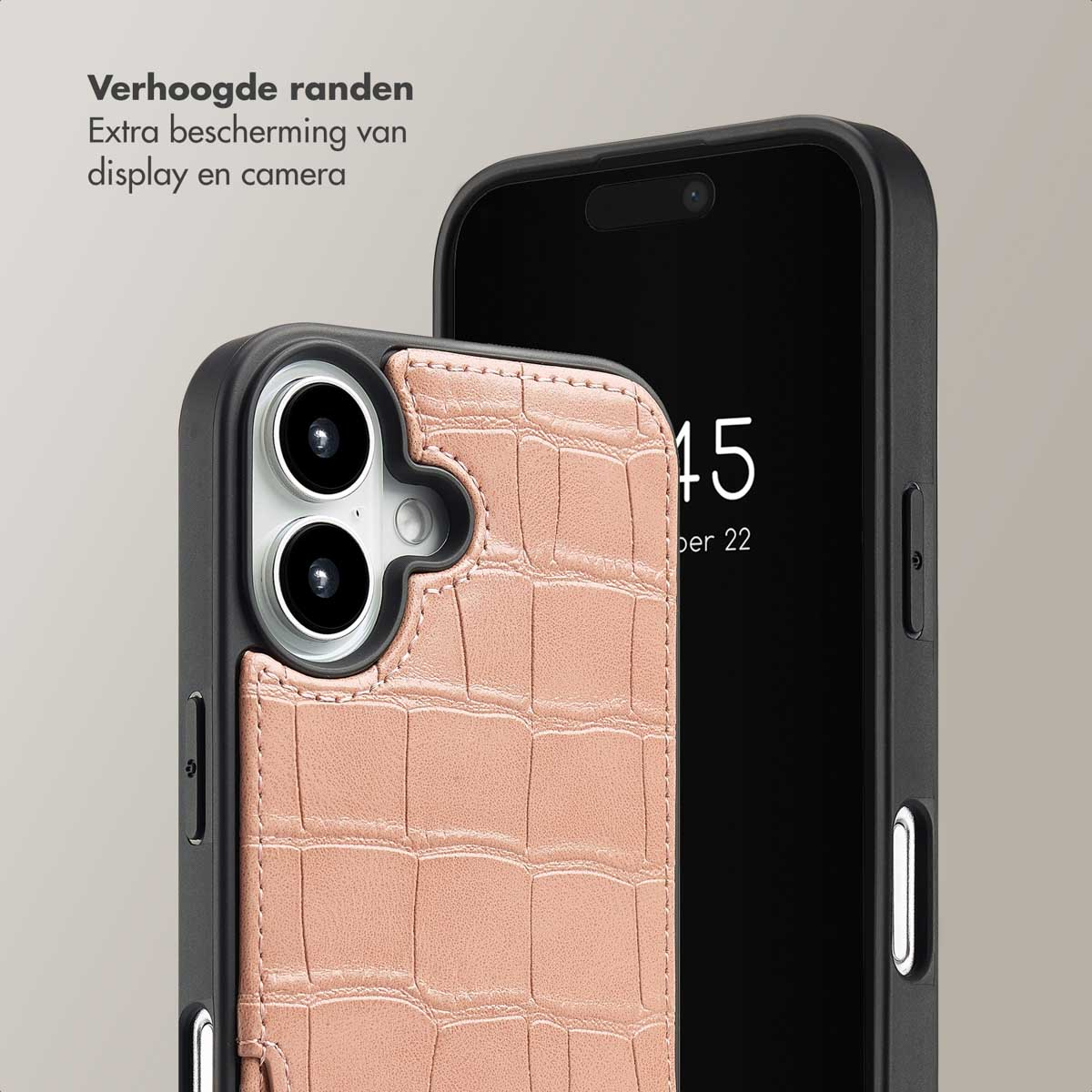 SELENCIA Nova Croco Backcover met koord en pashouder - Geschikt voor Apple iPhone 16 - Telefoonhoesje voor Apple iPhone 16 Roze