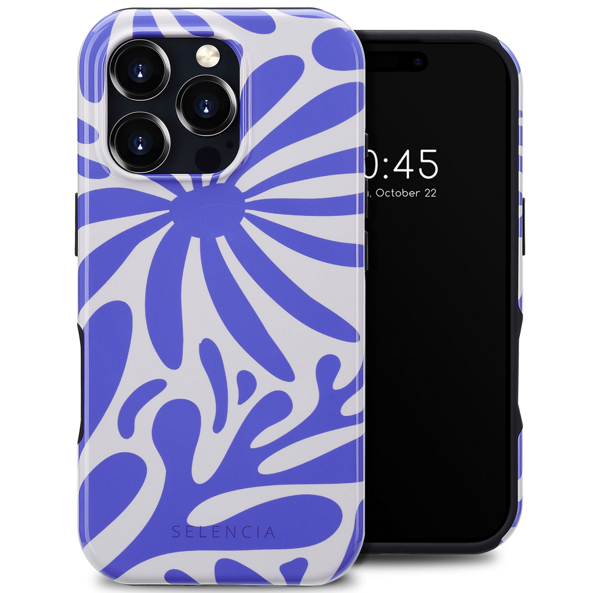 Een telefoon in een hoesje met een bloemenmotief. Een tweede telefoon toont de datum.
