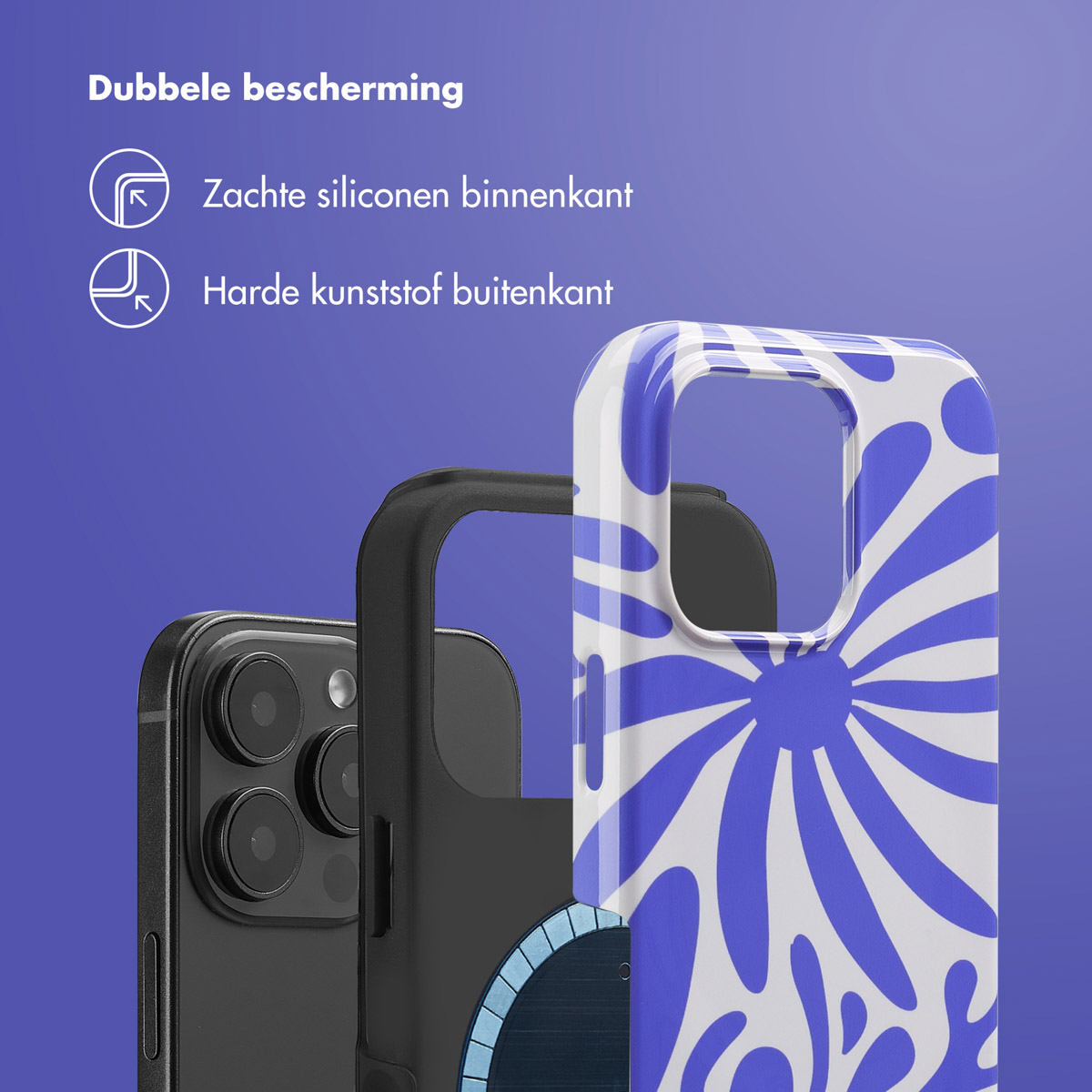 Telefoonhoes onderdelen, zwarte telefoon, blauw-wit ontwerp, op paarse achtergrond.