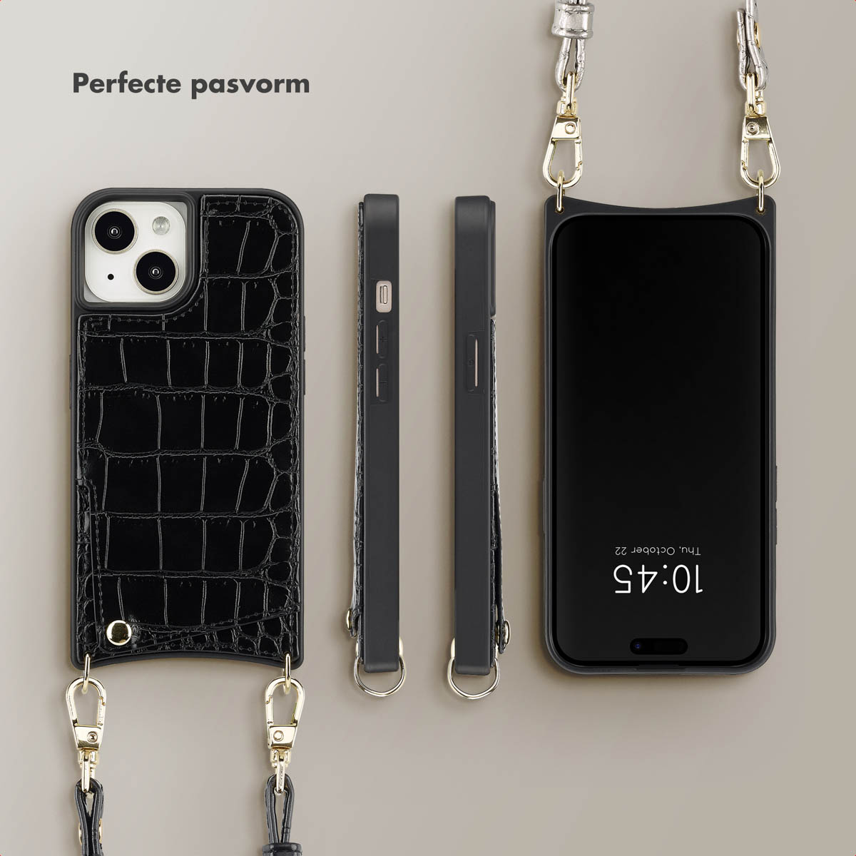 SELENCIA Nova Croco Backcover met koord en pashouder geschikt voor iPhone 15 Phone case for Apple iPhone 15 Black