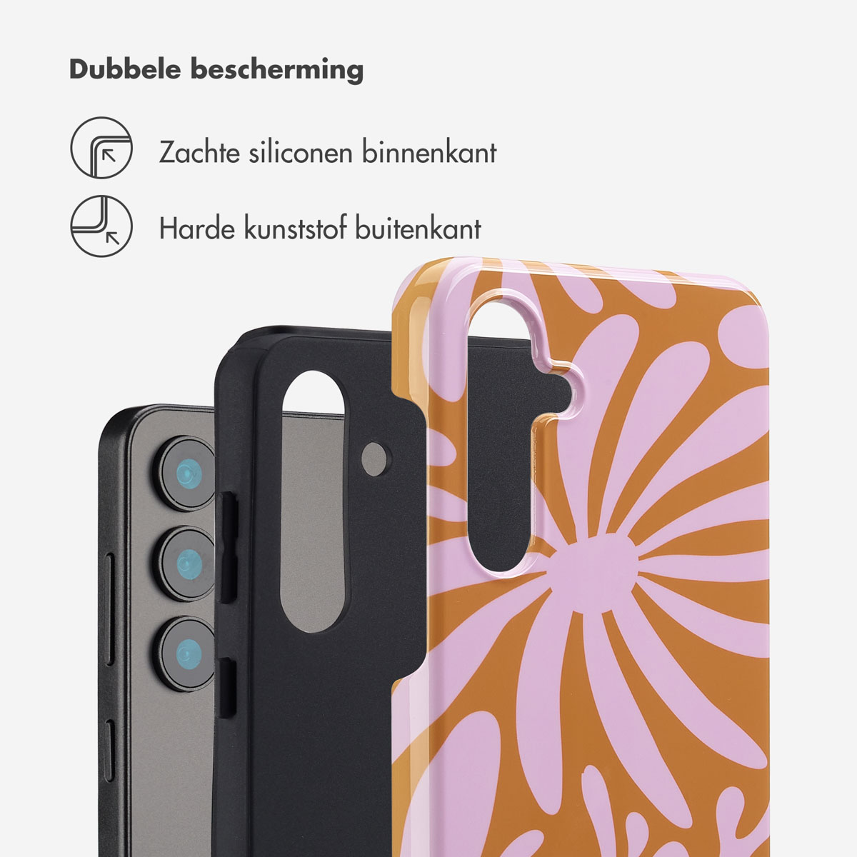 Telefoonhoesje met een bloemmotief in roze en oranje, gemaakt van zacht binnenmateriaal en hard buitenmateriaal.