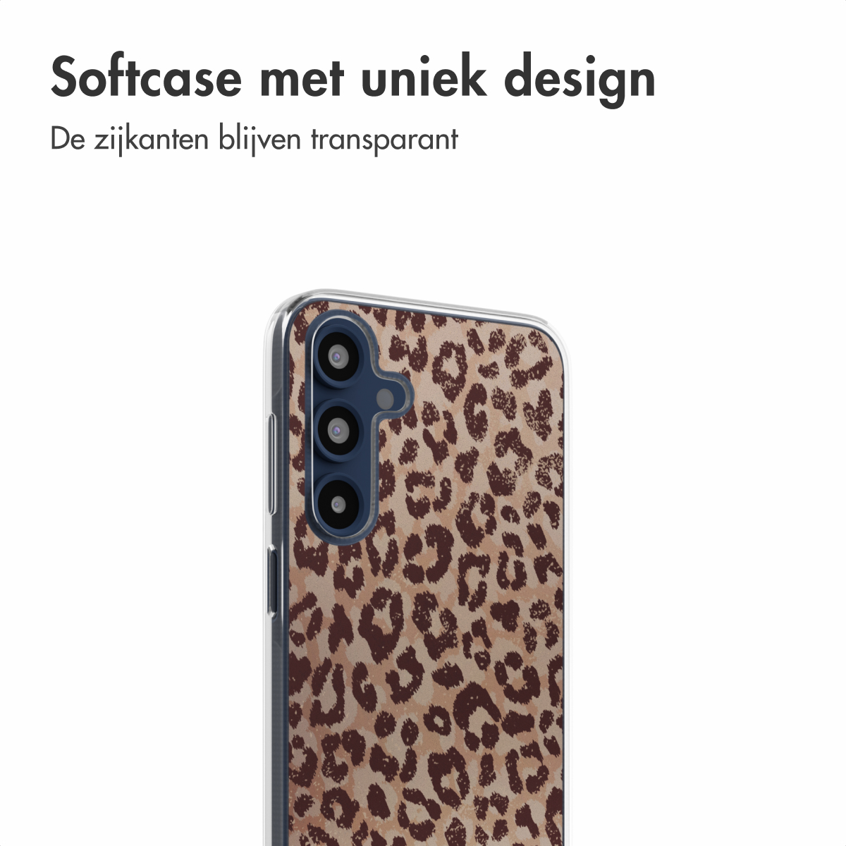 Coque de téléphone transparente avec un motif léopard au dos, montrant l'appareil photo et le téléphone.