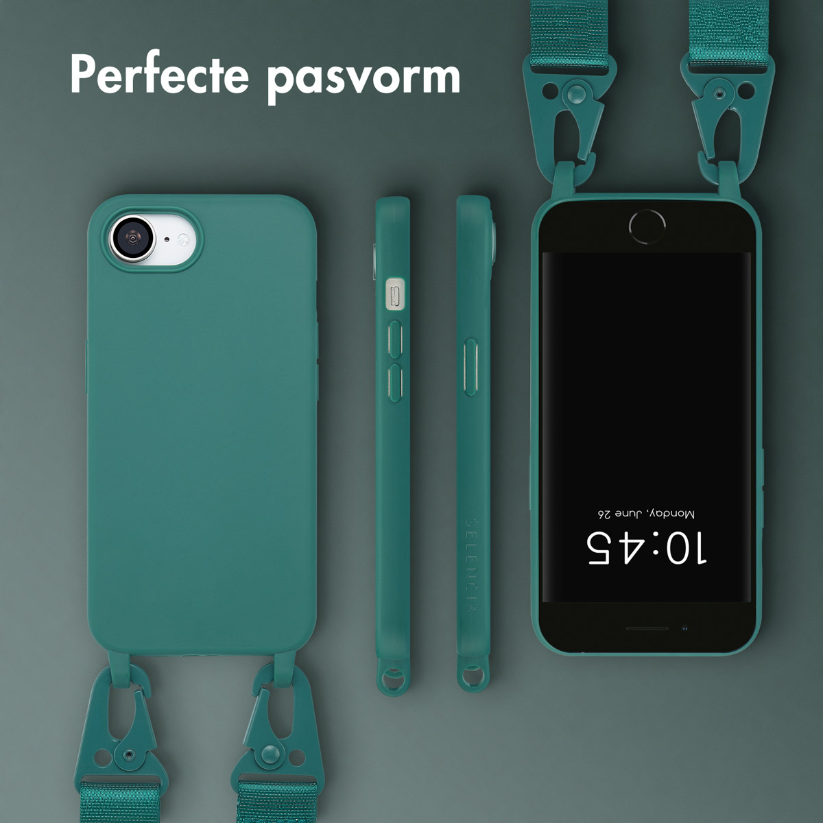 Telefoonhoesjeset met een blauwgroene hoes en riem, de telefoon in verschillende weergaven tonend, scherm toont tijd.
