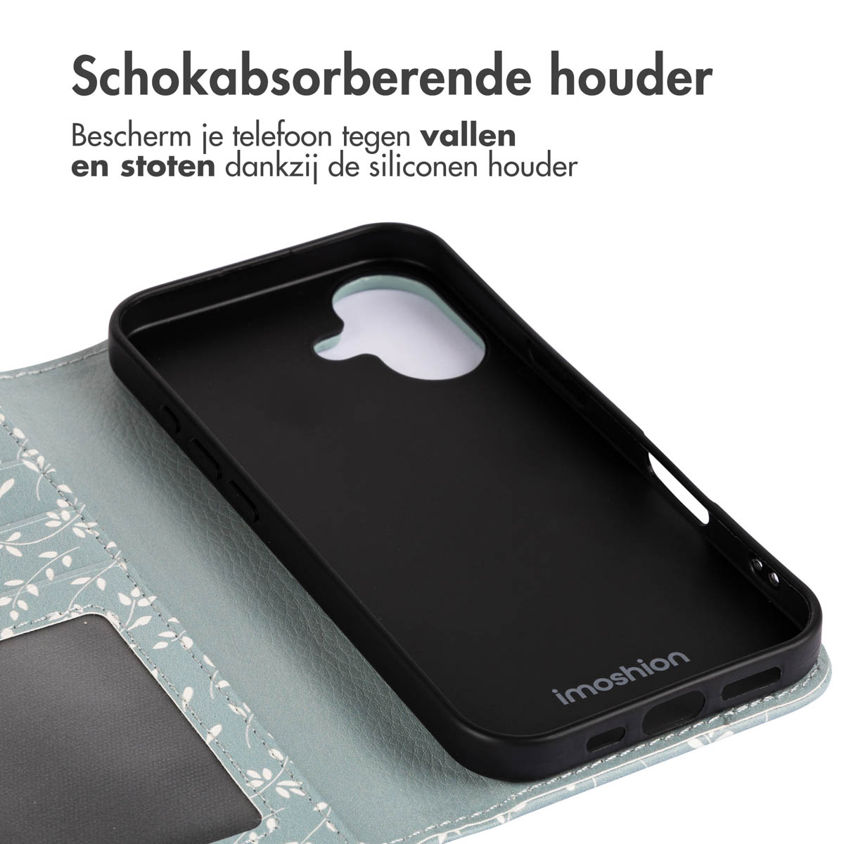 Zwarte telefoon in een blauwe bloemen folio-hoes, die schokabsorptie biedt.