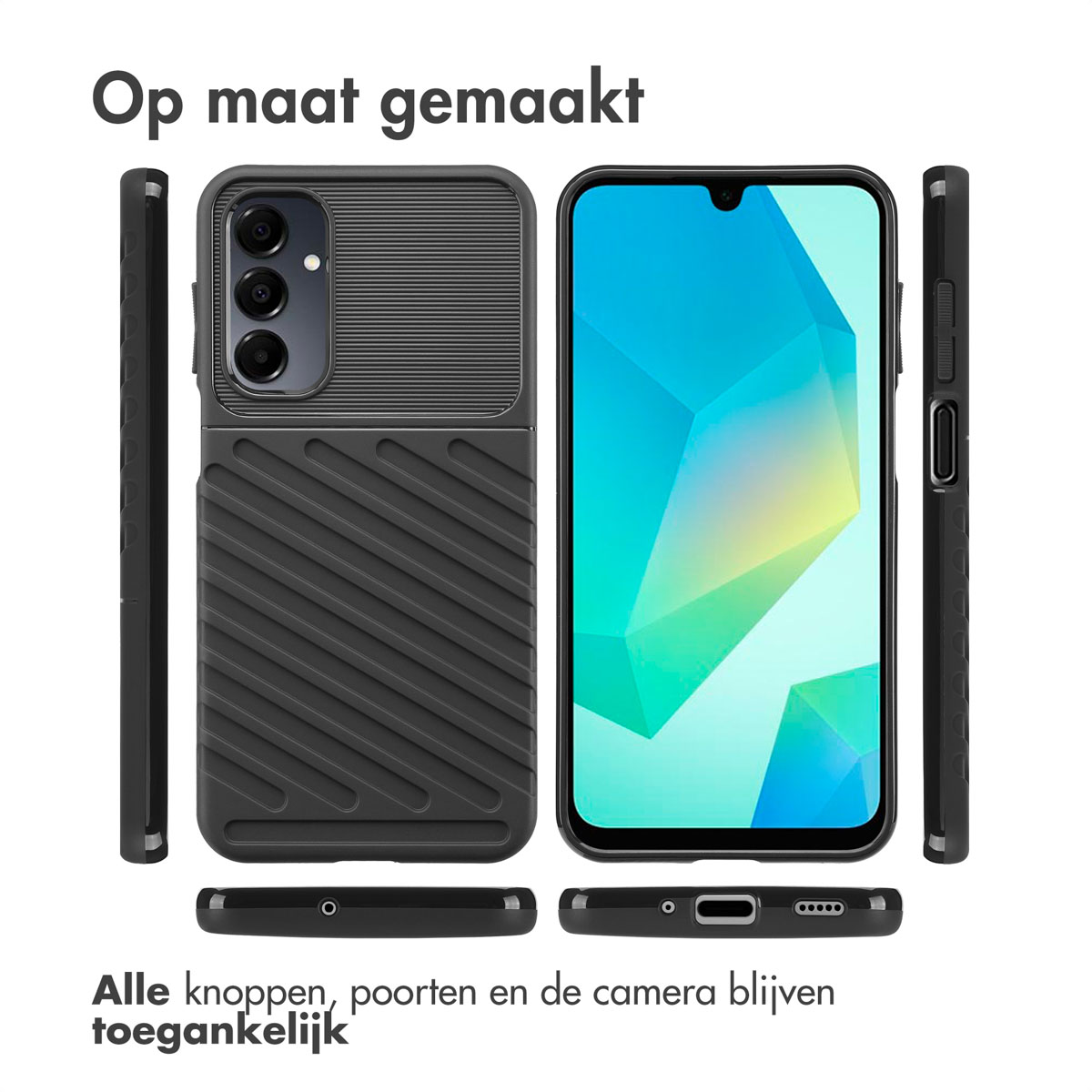 Zwart telefoonhoesje met zichtbare knoppen, poorten en camera, op witte achtergrond.
