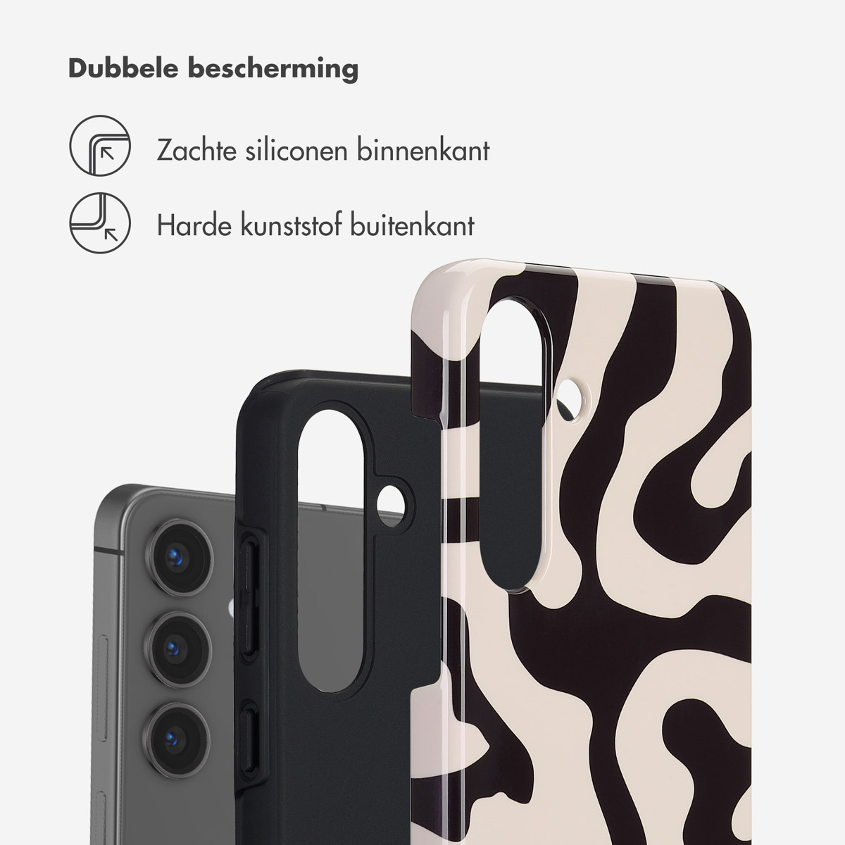 Coque de téléphone avec un design abstrait noir et blanc, avec un téléphone à l'intérieur.
