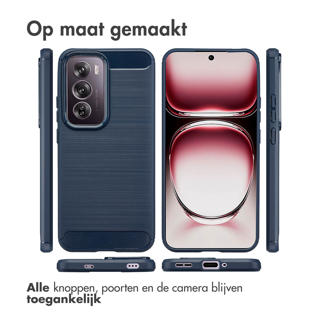 Coque de téléphone avec un design bleu texturé, différents angles montrés.