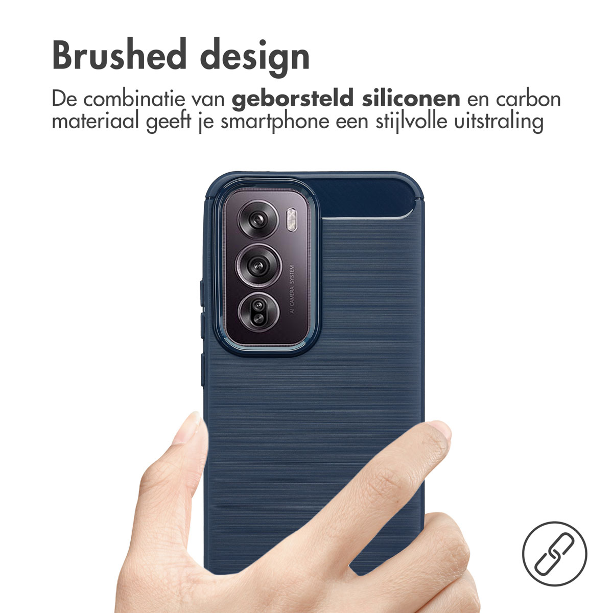 Une coque de téléphone bleu marine avec un design texturé. Une main tient le téléphone.