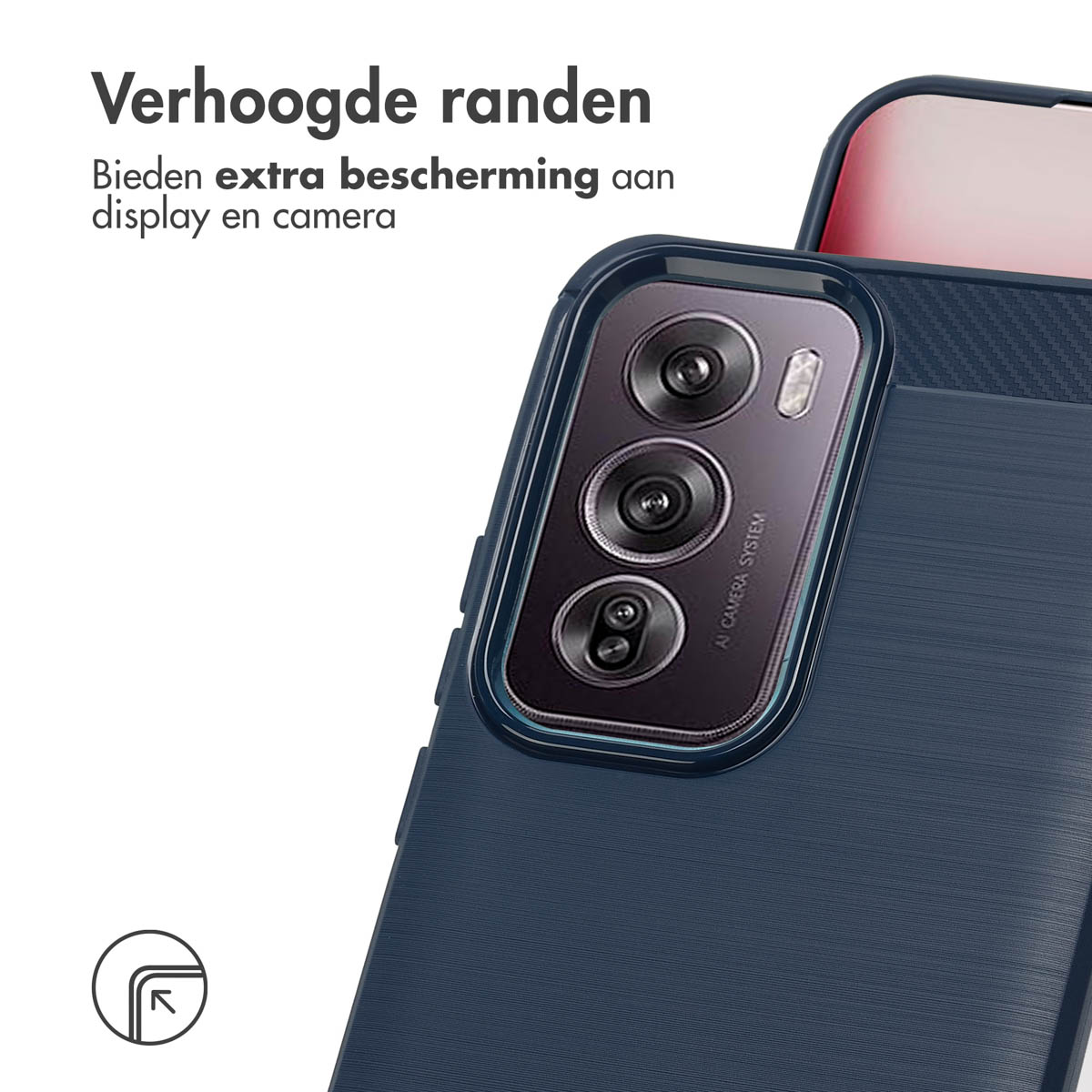 Coque de téléphone bleue sur téléphone, appareil photo et flash visibles. La coque est bleu marine, avec une finition texturée.