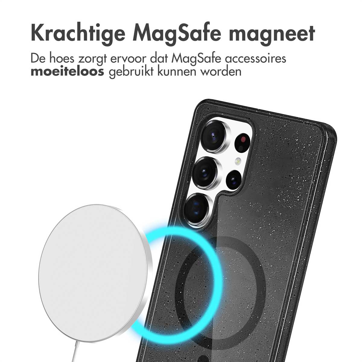 Een witte draadloze oplader staat in de buurt van een telefoon met een zwarte hoes.