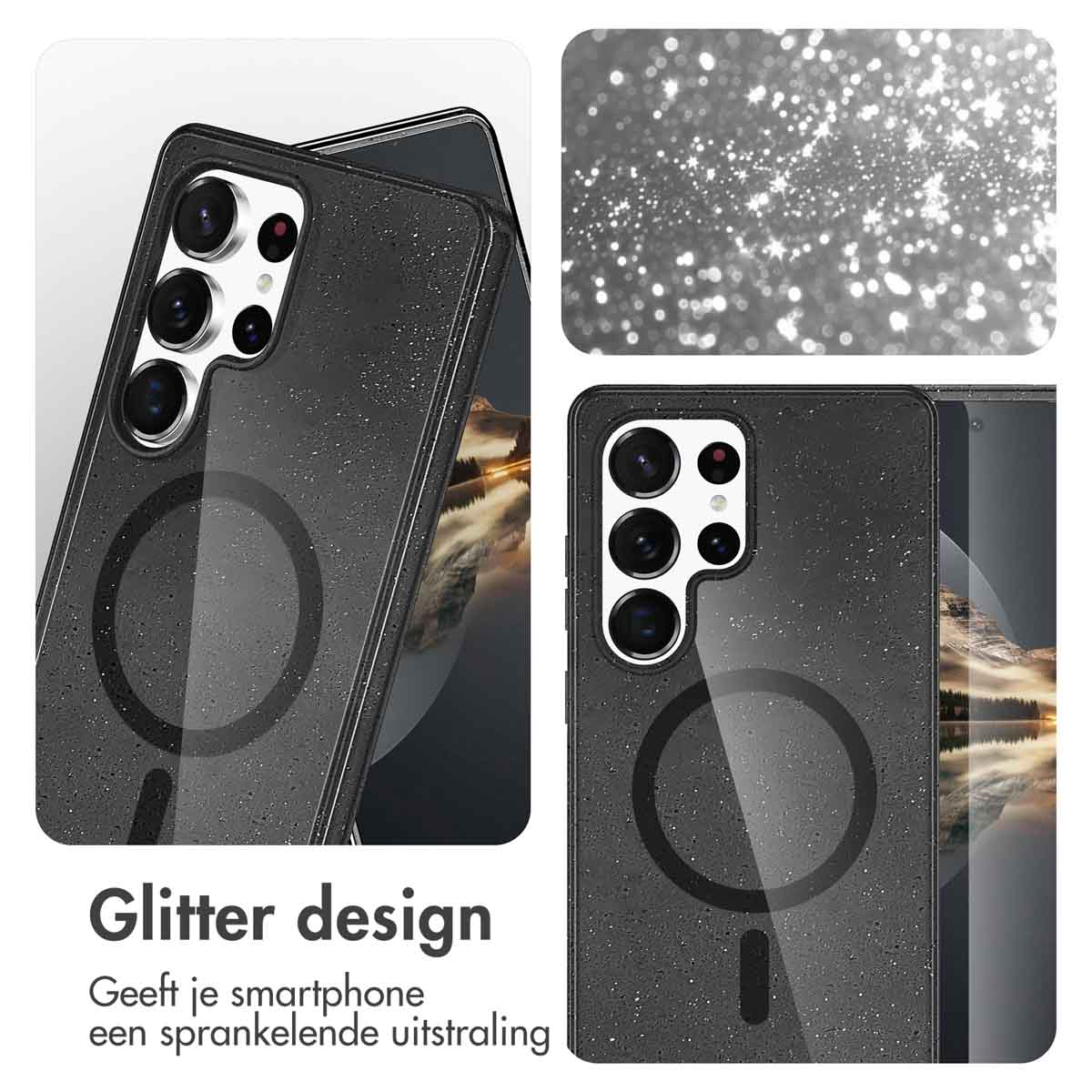 Twee telefoons met glitter design hoesjes. Glitter reflecteert licht. De telefoon toont een cirkelvormig design.