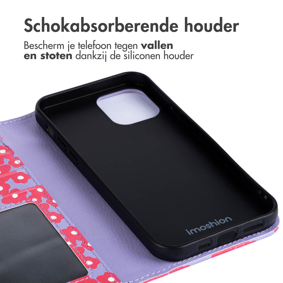 Zwarte telefoonhoes in een paarse portemonnee met bloemenpatroon. Het toont een telefoonhoes.
