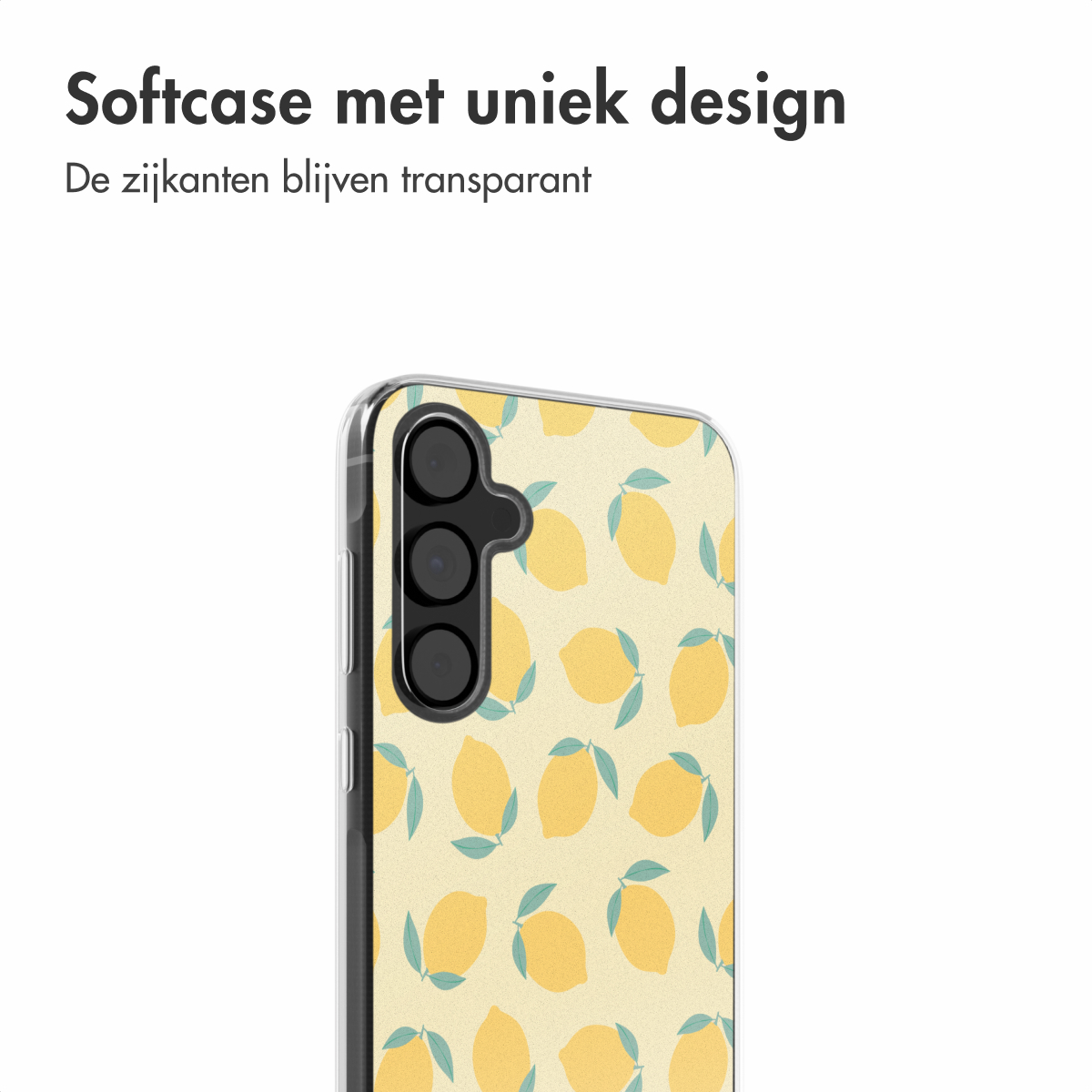 Telefoonhoesje met citroenpatroon. Gele achtergrond, citroen- en bladontwerp. Witte achtergrond.