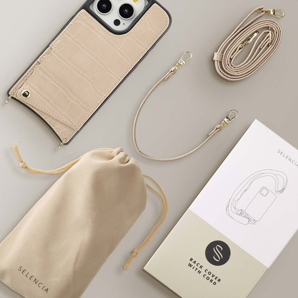 SELENCIA Nova Croco Backcover met koord en pashouder - Geschikt voor Apple iPhone 15 Pro - Telefoonhoesje voor Apple iPhone 15 Pro Beige